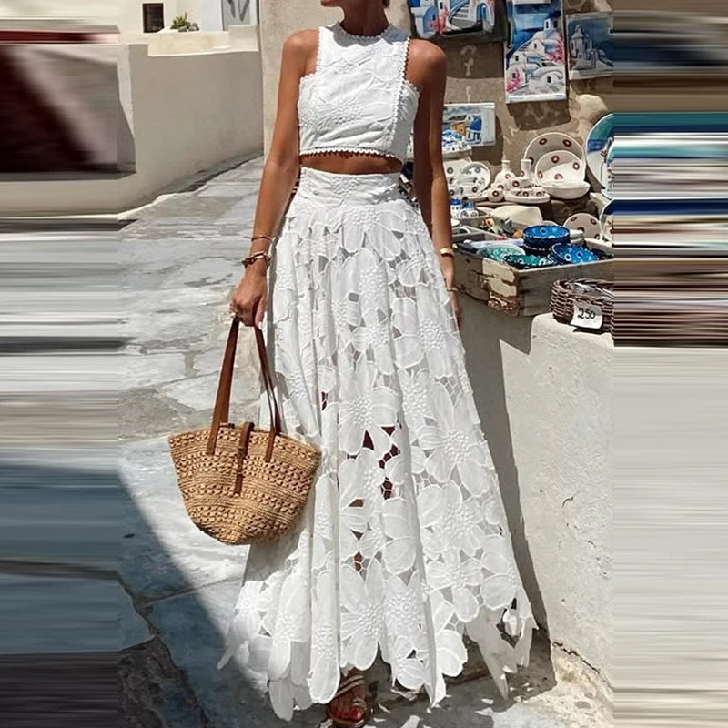 Elegant Boho Lace Embroidery 2-Piece Set | Sleeveless Crop Top & Maxi Skirt