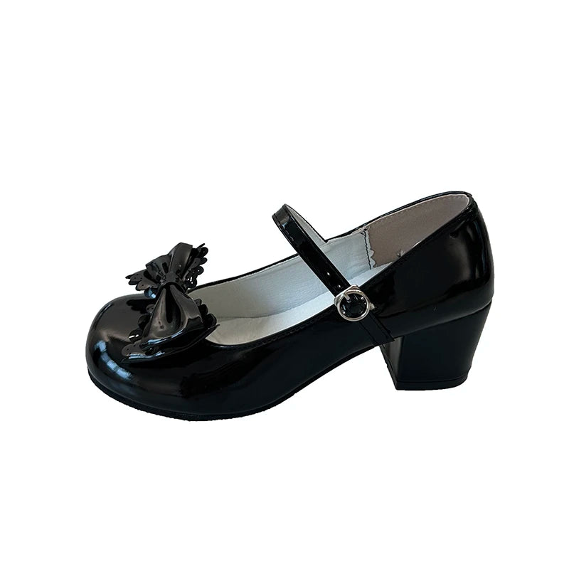 Cute Butterfly-knot Women Lolita Mary Jane Shoes Concise Thick Heel Leather Shoes Ladies Shallow Pumps