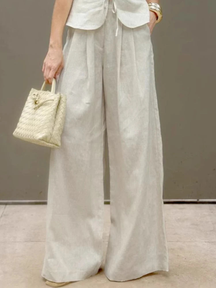 Mueyaruho Women 2026 Summer Office Pant Set Suits Solid Beige Outfits 2 Two Piece Wide Leg Matching Set For Women