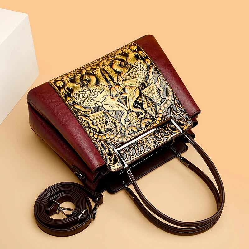 New Vintage Embossed Handmade Handbag For Women Versatile PU Leather Shoulder Bag 3 Layers Large Capacity Crossbody Bags Female