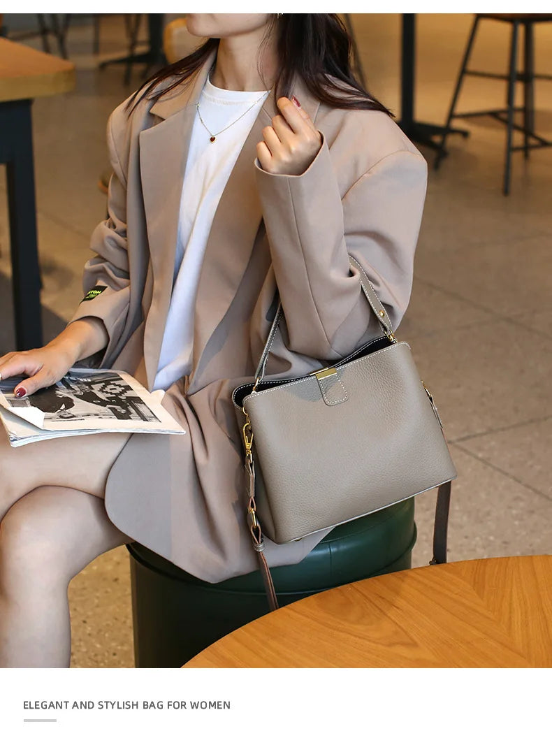 Women's Genuine Leather Handbag Luxury Bucket Style Casual Lady Fashion Shoulder Crossbody Messenger Bag for Girls 2025 Hot Sale