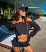 Cryptographic Casual Fashion Striped Knitted Two Piece Sets Long Sleeve Sweaters Off Shoulder Top and Shorts Matching Sets Solid