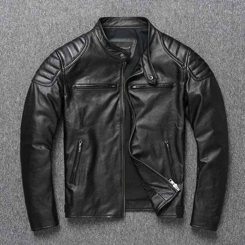 New 100% Cowhide Leather Jacket men Top Layer Clothes Men's Stand Collar Motorcycle Clothes  Autumn Winter Plus Size motorcycle