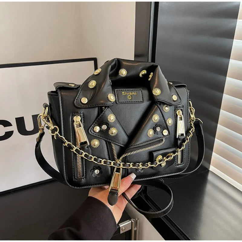 Jacket Collar Shaped Crossbody Shoulder Bag,Women Metal Flower Studded Handbag ,Niche Designer Streetwear Fashion Rivet Tote Bag