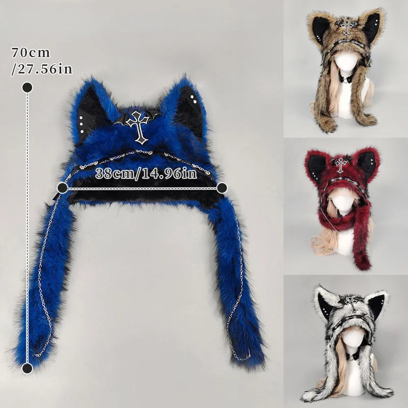 Gothic Plush Cat Ear Beanie – Y2K Punk Warm Cap