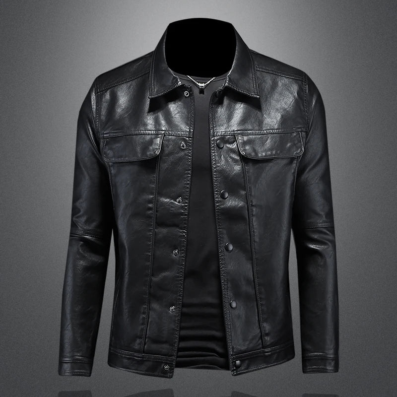 2024 Autumn and Winter New Men's Fashion Handsome with Solid Color Boutique Lapel Motorcycle Leather Coat Slim Fashion  M-5XL