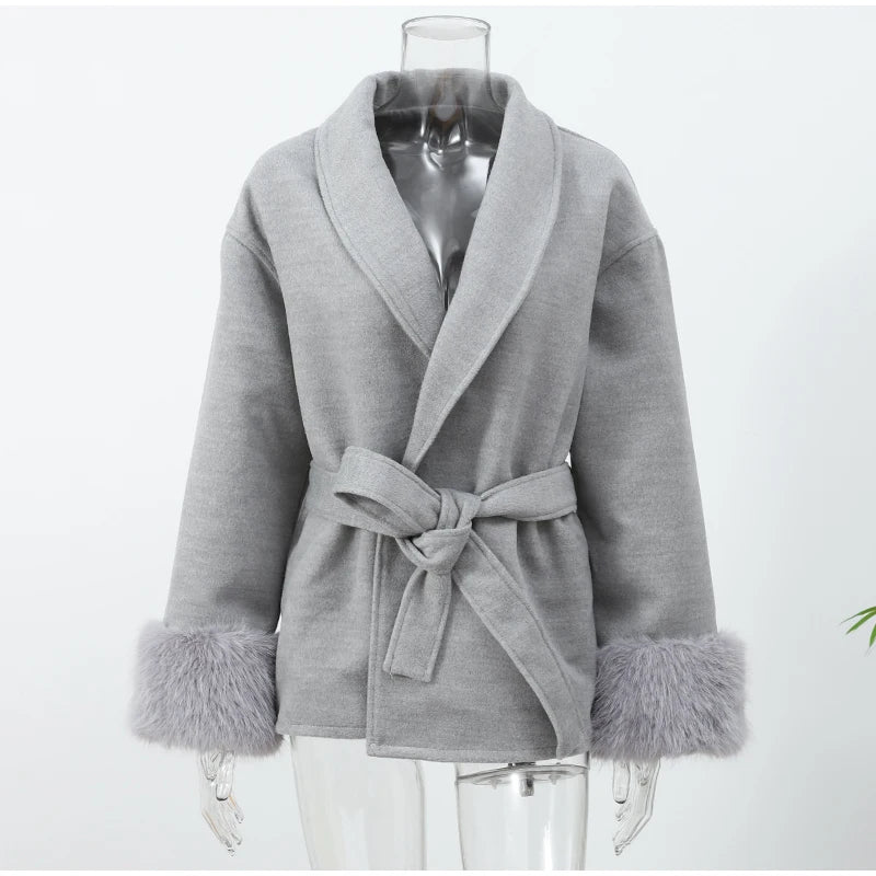 Elegant Lace-Up Woolen Jacket