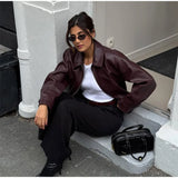 Women's Wine Red Pu Leather Short Jacket Fashion Autumn Lapel Collar Zipper High Street Loose Overcoats Ladies Button Outerwears