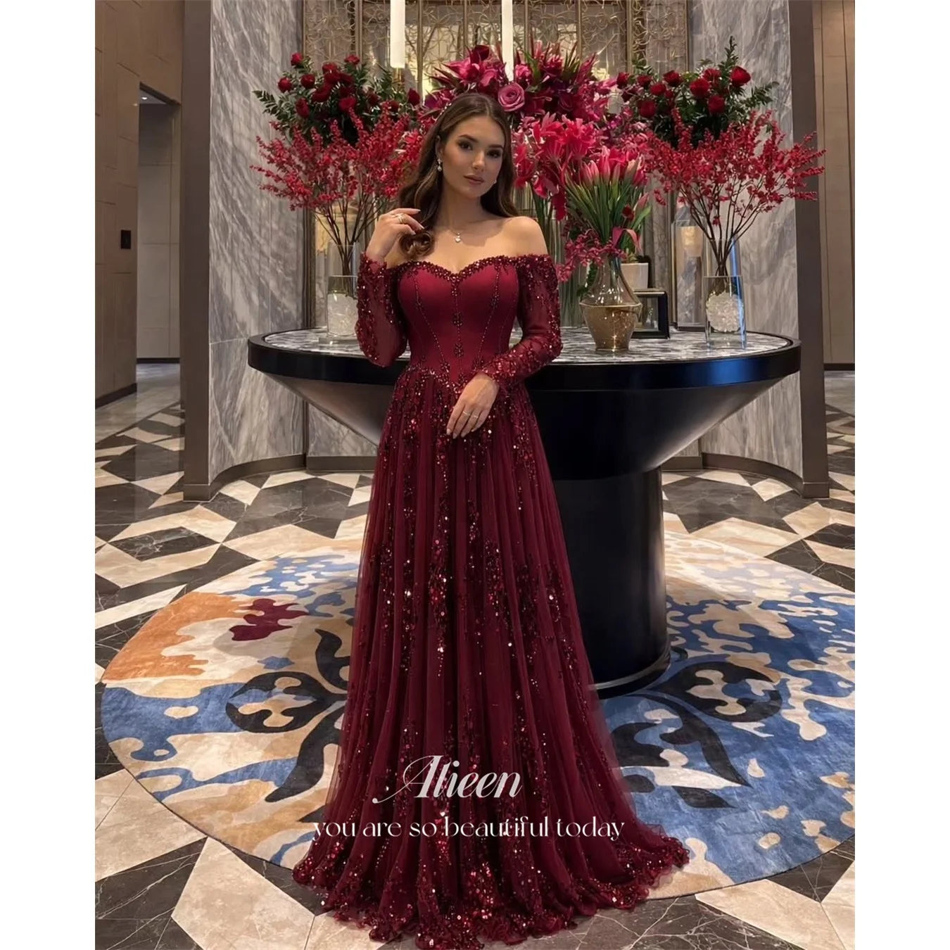 Aileen Tulle Off-Shoulder Burgundy Ball Gown