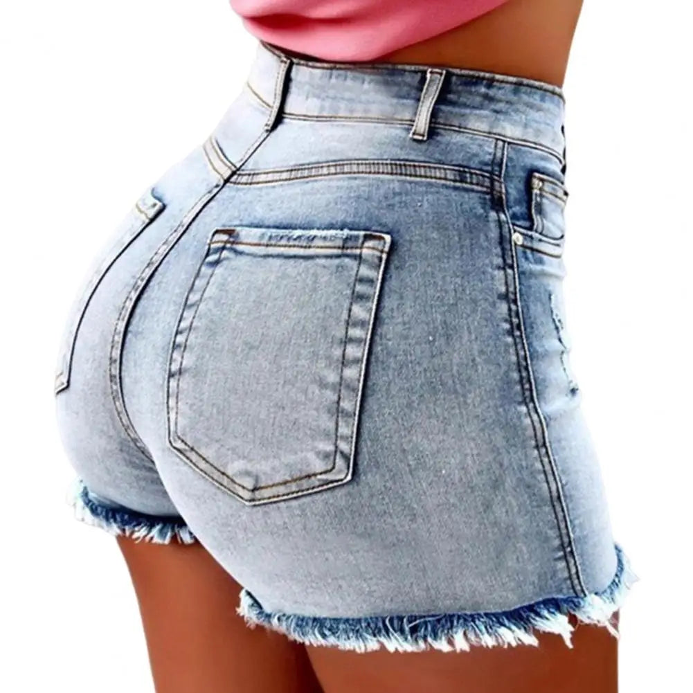 Women's High Waist Distressed Denim Shorts | Retro Slim Fit