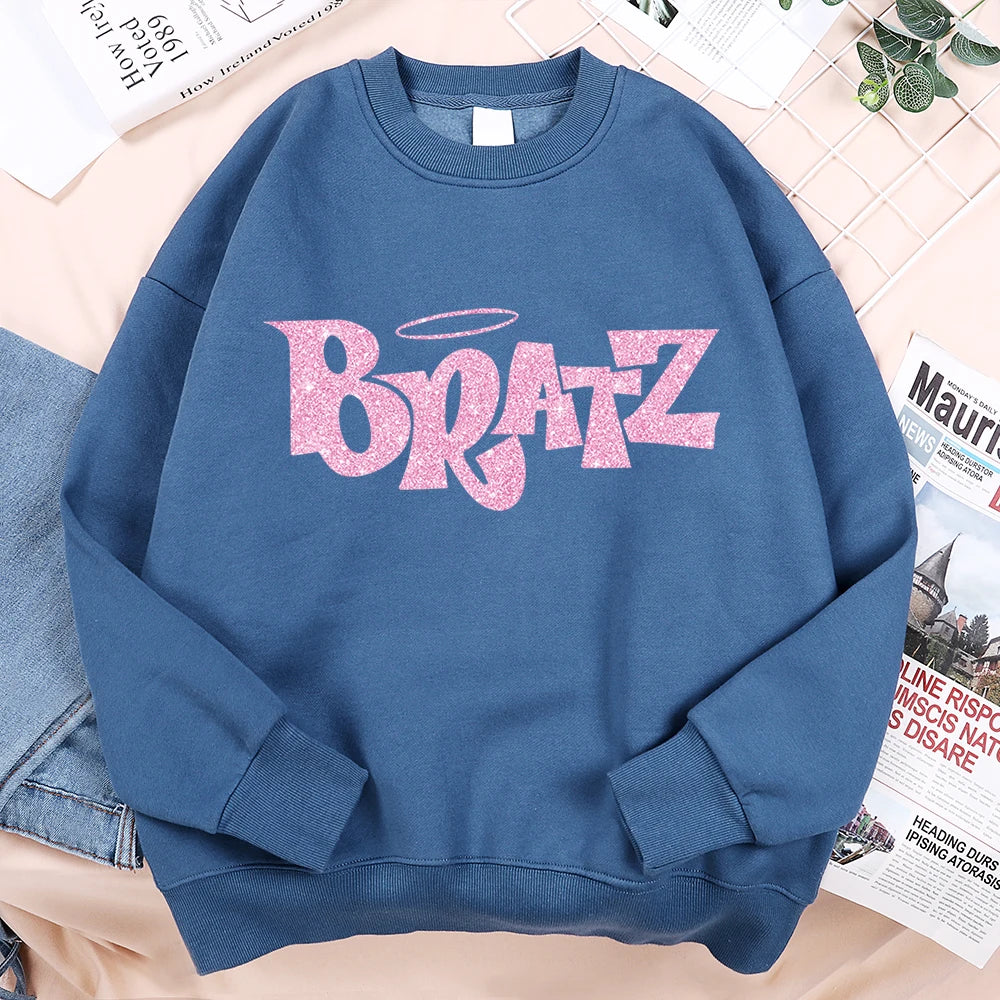 Pink Cartoon Letters Bratz Print Sweatshirts Mens Casual Fleece Clothes Creativity Warm Hoodie Autumn Loose Streetwear Pullover