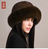 Genuine Knitted Mink Fur Hat with Fox Fur Brim