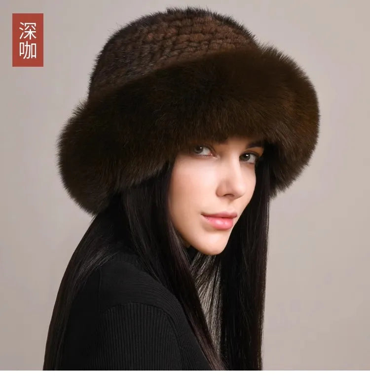 Genuine Knitted Mink Fur Hat with Fox Fur Brim