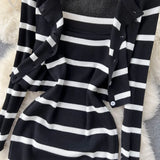 Korean Sweet Hit Color Patchwork Striped Spaghetti Strap Dress and V Neck Long Sleeve Cardigans 2 Pieces Sets