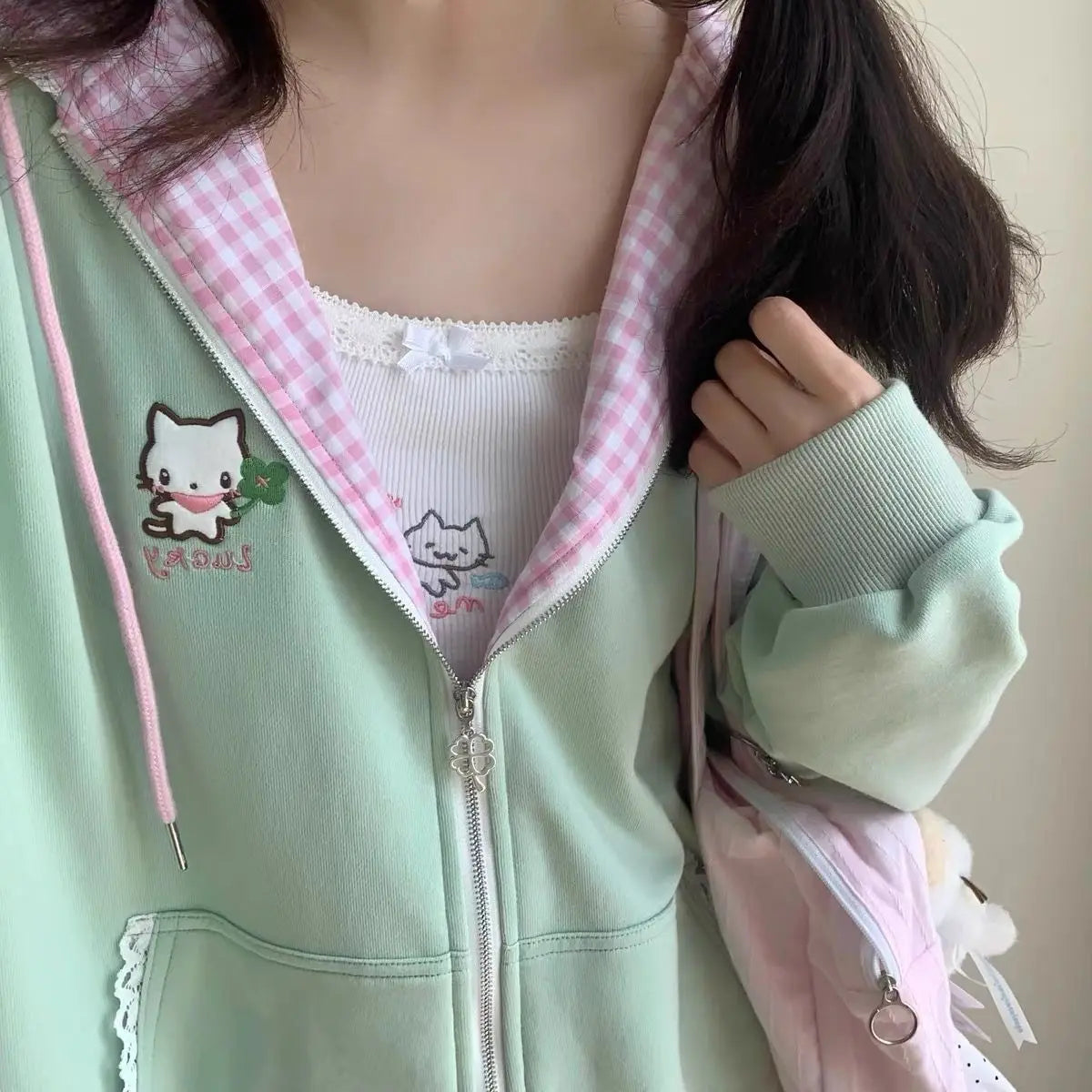 Women's Cat & Floral Print Zip-Up Hoodie