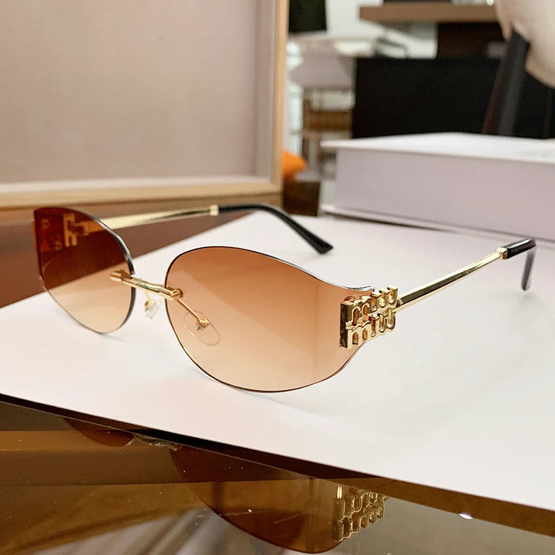 Oversized Rimless Oval Sunglasses – UV400 Metal Frame