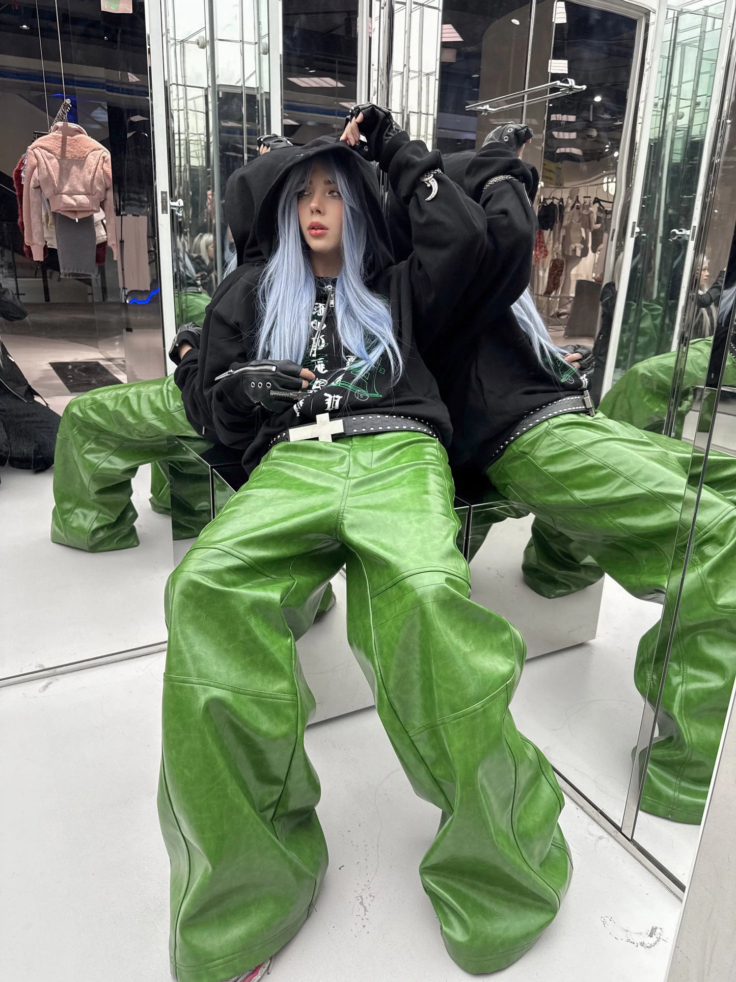 Olive Green PU Leather Wide Leg Pants — Men's Y2K Streetwear Trousers