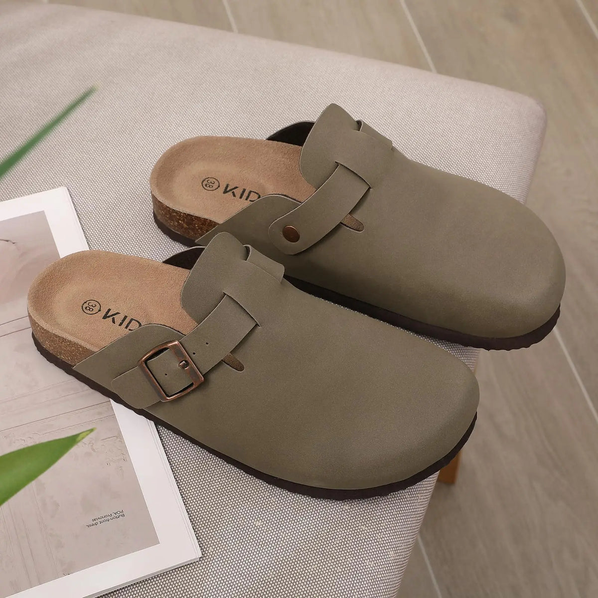 Evshine Men's Suede Clogs Fashion Leather Mules Cozy Footbed Slippers With Adjustable Buckle AntiSlip Cork Slippers Unisex Mules