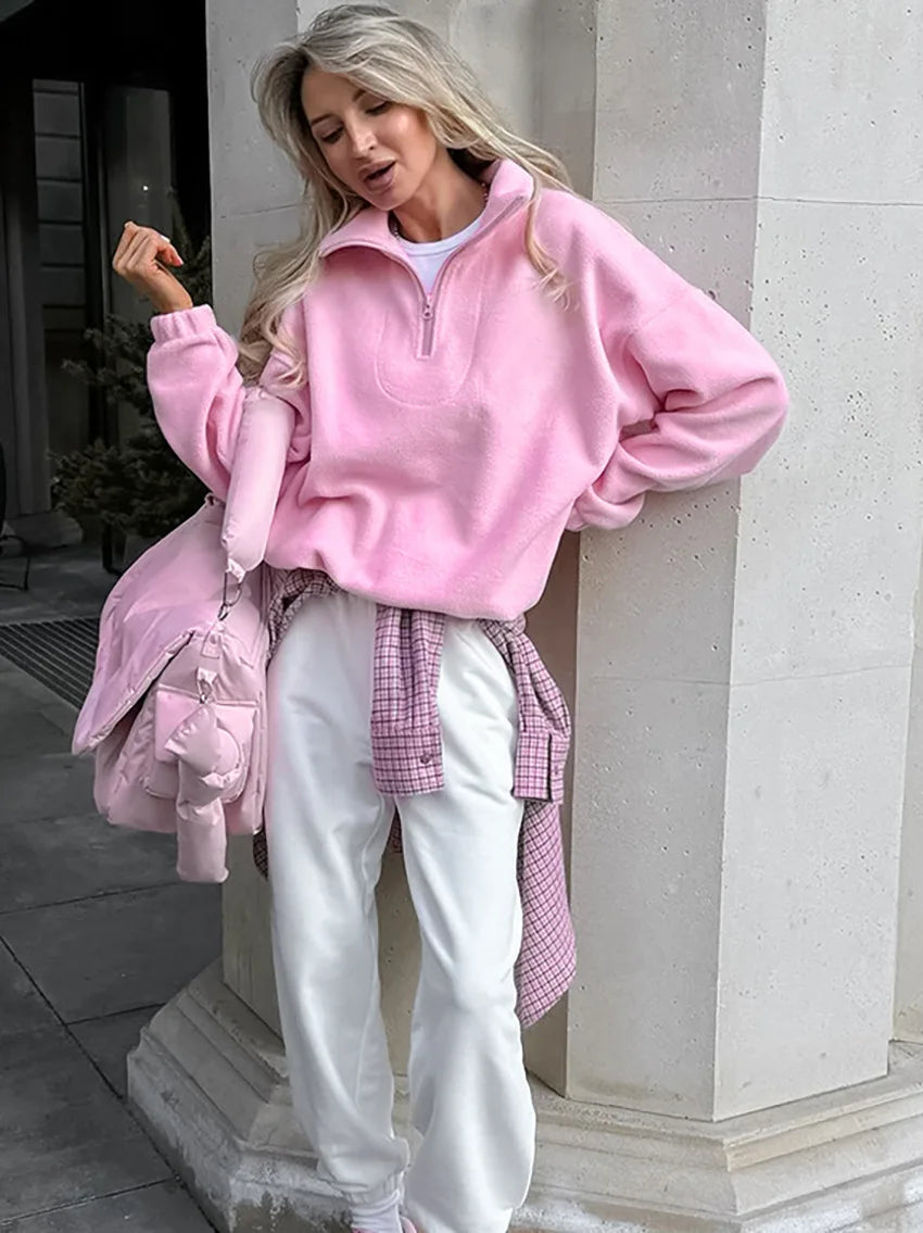 Women Autumn Winter Fleece Hoodies Elegant Stand Collar Zipper Loose Sweatshirt Elegant Solid Pullover Casual Top Streetwear
