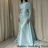 Light Blue Formal Evening Dress with Off‑Shoulder Draped Collar, High‑Neck Lace Long Sleeves, Hand‑Sewn 3D Floral Appliqués