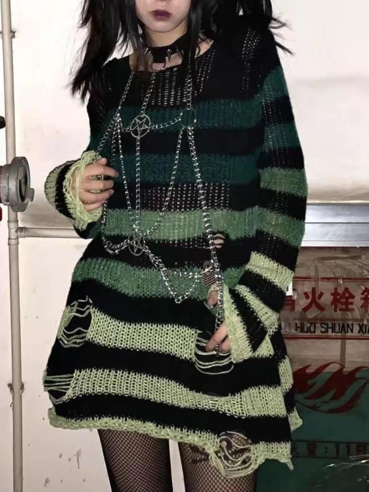 Gothic Striped Distressed Unisex Sweater