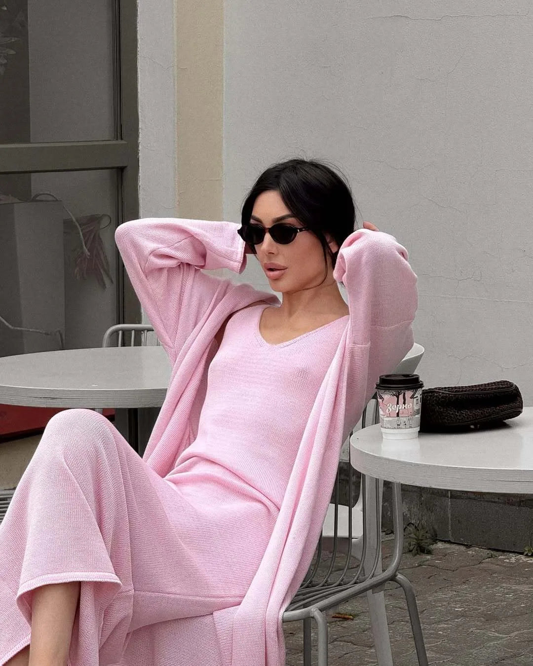Hirsionsan Soft Loose Sets Women Two Pieces Long Sleeve Cardigan & Vest Dresses Elegant Female Hollow Outfits Cotton Tracksuit