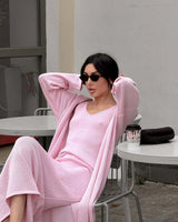 Hirsionsan Soft Loose Sets Women Two Pieces Long Sleeve Cardigan & Vest Dresses Elegant Female Hollow Outfits Cotton Tracksuit