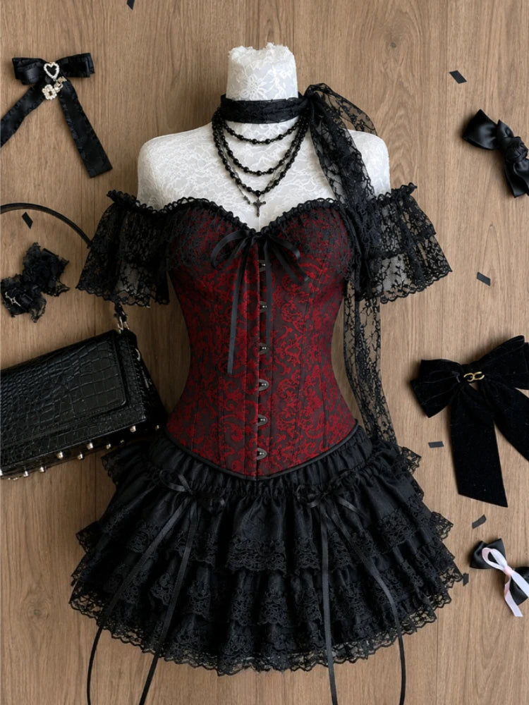 Japanese Sweet Preppy Style 2 Piece Set Women Kawaii Lace Patchwork Bow Tops + Y2k Plaid Mini Skirt Elegant Fashion Outifits New