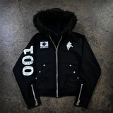 Y2K Spicy Girl Style Plush Hooded Short Zipper Sweatshirt Studded White Cropped Zip Hoodies Personality Sweet Cool Zipper Coat