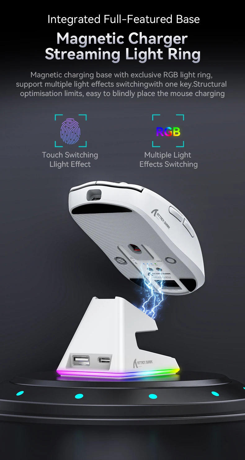 Attack Shark X6 Wireless Mouse RGB Touch Magnetic Charging Base PAW3395 Tri-Mode Connection Macro Gaming Mouse