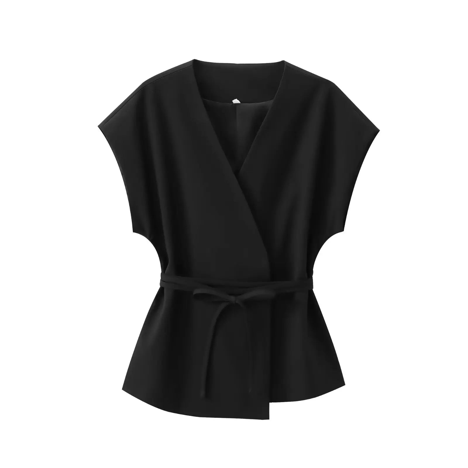 2-Piece Sleeveless V-Neck Trouser Set with Belt – Summer Commuter Wide Leg Suit