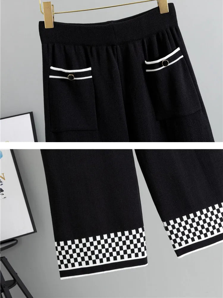 Women's Plaid Knit 2-Piece Set: Button-Down Cardigan & High-Waist Wide Leg Pants