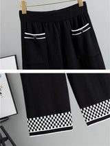 Women's Plaid Knit 2-Piece Set: Button-Down Cardigan & High-Waist Wide Leg Pants
