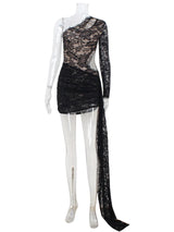 Elegant Lace One-Shoulder Mini Dress | Sheer Long Sleeve Streetwear
