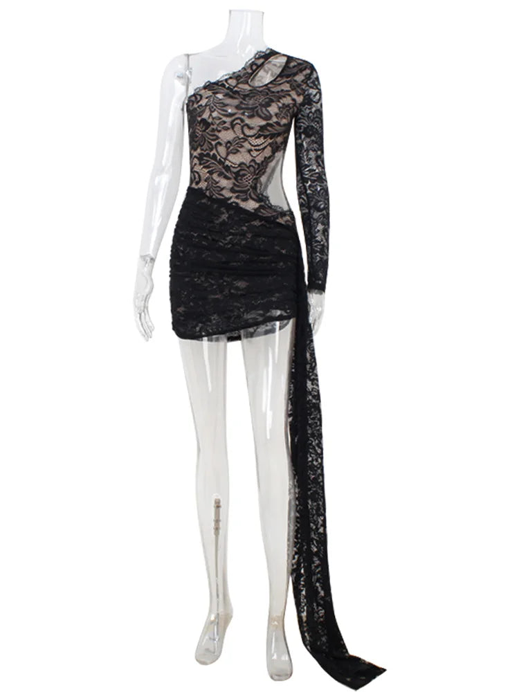 Elegant Lace One-Shoulder Mini Dress | Sheer Long Sleeve Streetwear