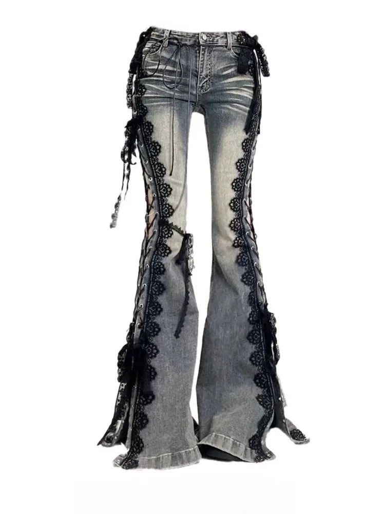 Retro Eyelet Lace-Up Flare Jeans