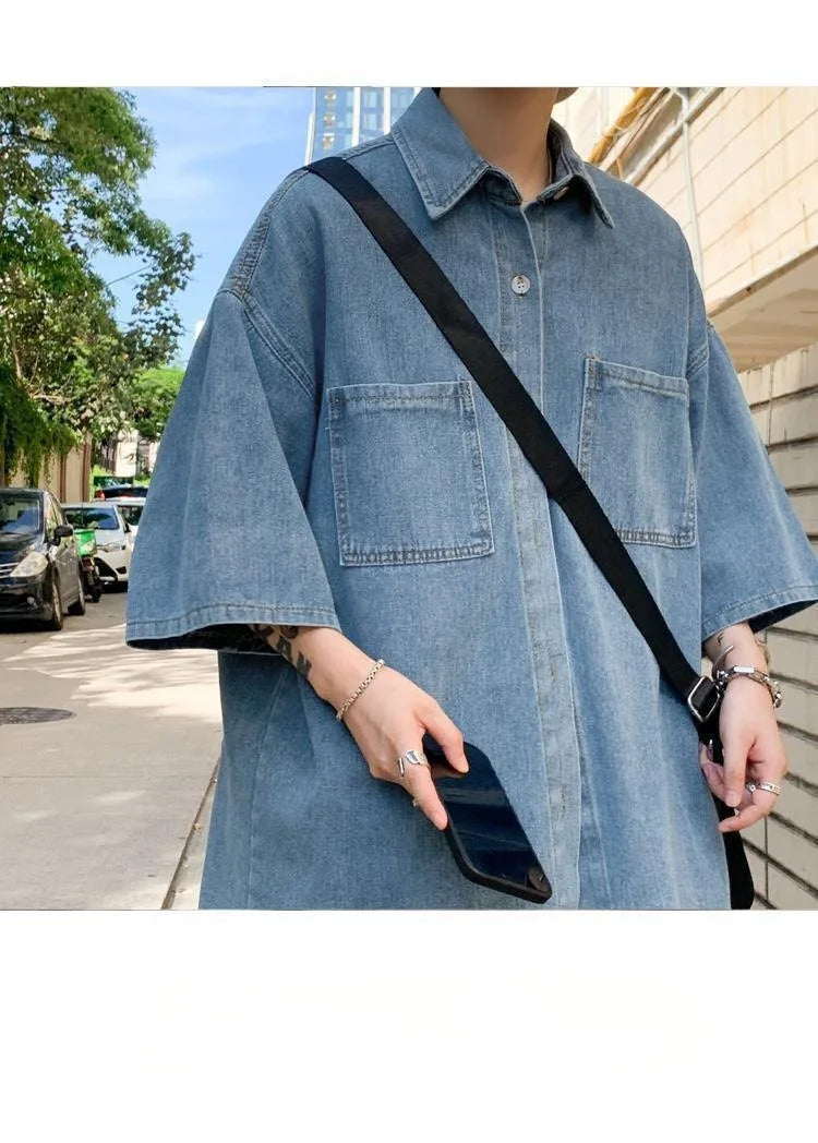 Men's Loose Fit Short Sleeve Denim Shirt Thin Summer Fashion Hong Kong Style Seven Sleeve Outerwear Trendy Casual Shirt