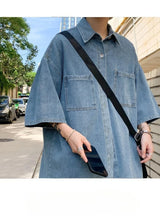 Men's Loose Fit Short Sleeve Denim Shirt Thin Summer Fashion Hong Kong Style Seven Sleeve Outerwear Trendy Casual Shirt