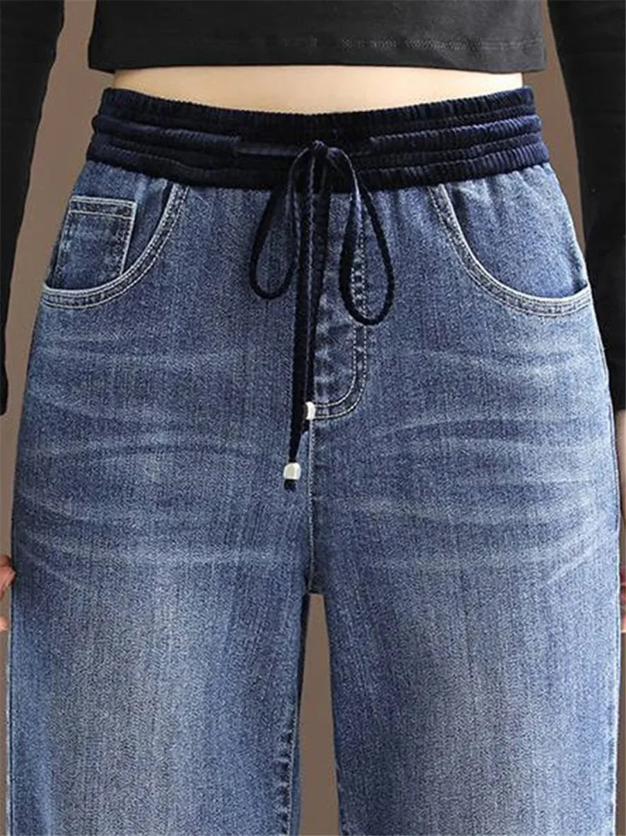 Winter Wide Leg Denim Pants Women Thicken Plush Velvet Lined High Waist Jeans Lace Up Warm Baggy Straight Vaqueros Pantalones