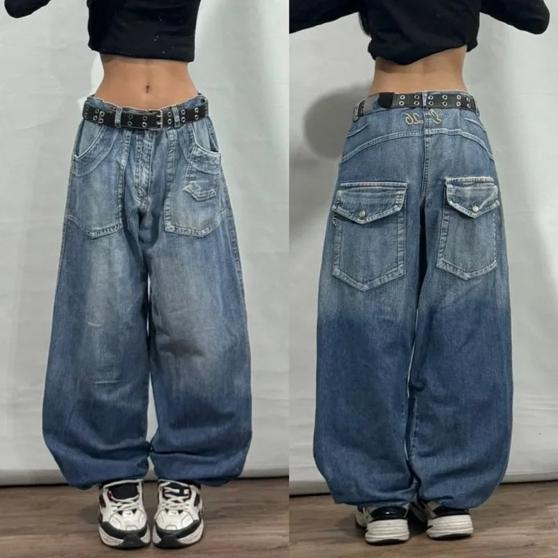 Geometric Embroidered Wide-Leg Baggy Jeans | Y2K Streetwear