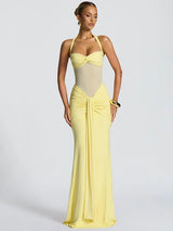 Women’s Halter Backless Maxi Dress – Off-Shoulder Ruched Bodycon Club Party Gown