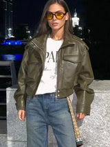 Women's Jacket Faux Leather Jacket Green Women's Demi-Season Jacket Outerwears Women's Autumn New In Coat Windbreaker Streetwear