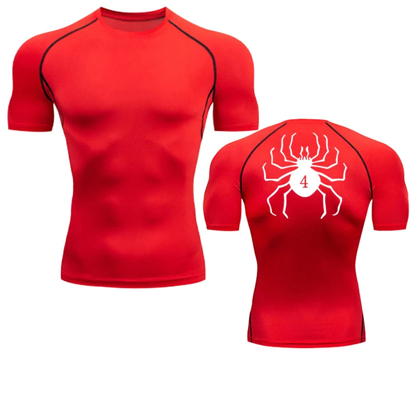 Spider Print Compression Shirts for Men Gym Workout Fitness Undershirts Short Sleeve Quick Dry Athletic T-Shirt Tops Sportswear