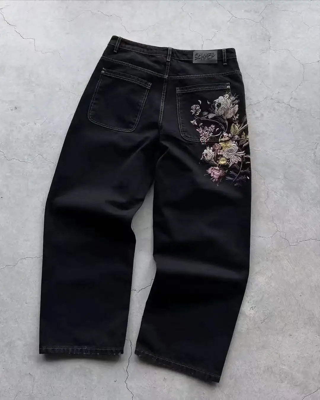 Y2K High-Waist Baggy Jeans – Rhinestone & Liberty Embroidery