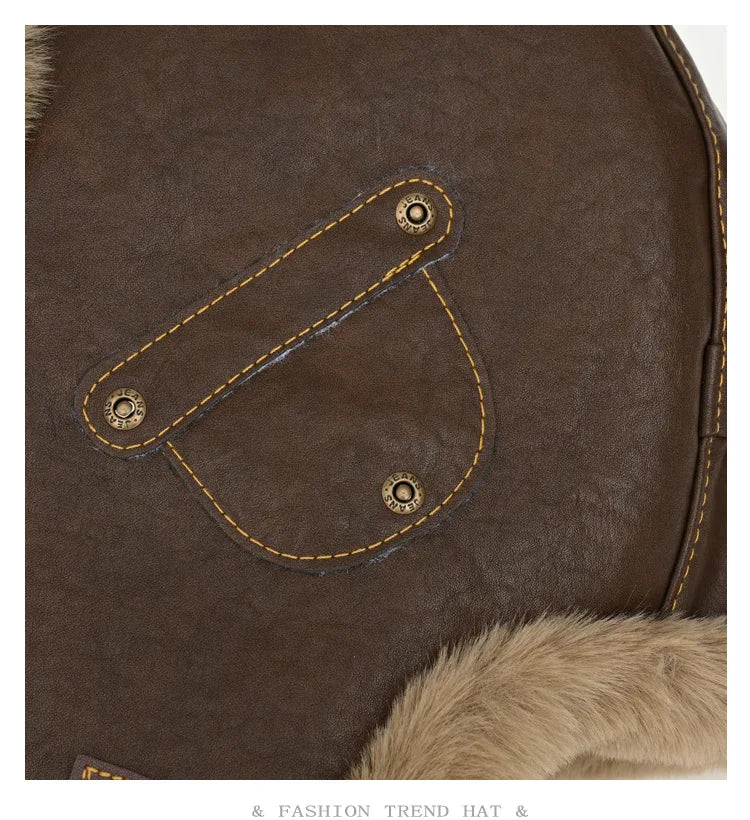 retro leather pilot hat Faux fur Bomber hat men ski cap winter hat women thickened warm ear protect hat classic riding cap털모자