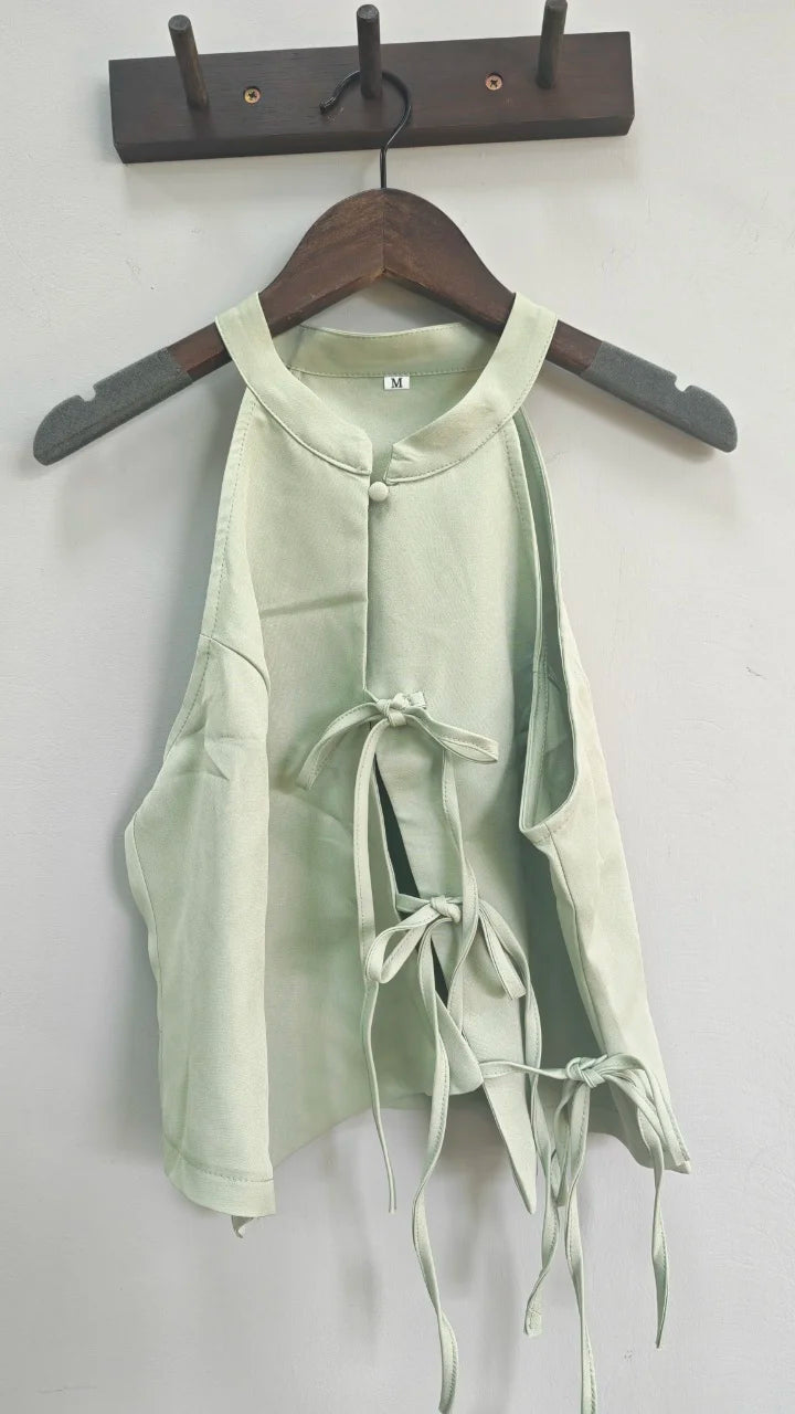 Women Green Bowknot Wide-leg Pant Suits Chic Solid Sleeveless Lace Up Slim Fit Long Pant Sets 2026 Lady Daily Street Outfits New
