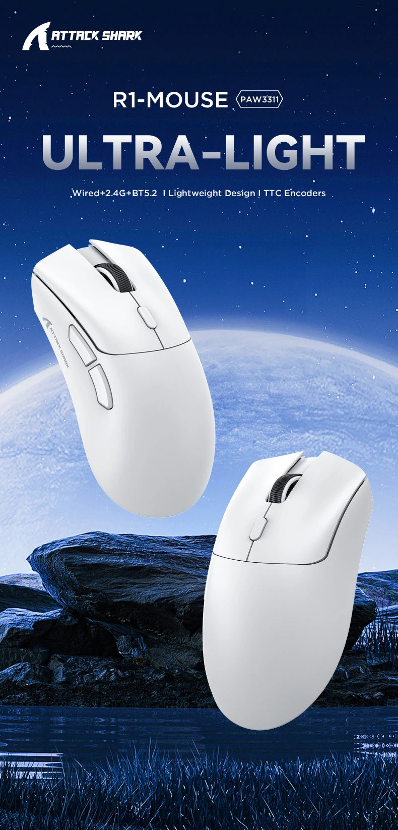 Lightweight ATTACK SHARK R1 Wireless Gaming Mouse Tri Mode 2.4G Bluetooth Wired RGB Ergonomic Programmable Mice For Laptop PC