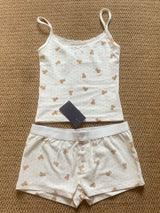 Strawberry Vest Shorts 2 Pieces Set Woman Eyelet Bow Slim Tank Top with Elastic Waist Patchwork Straight Short Pant Sweet Sets
