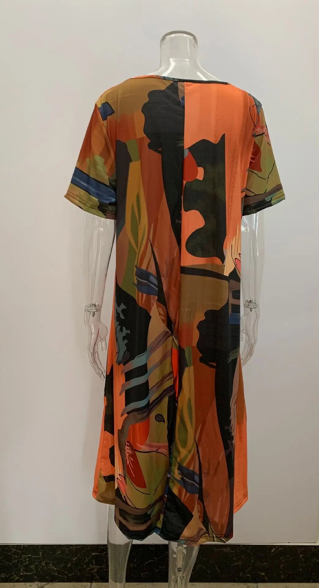 Plus Size Women's Summer Print Dress – Loose Fit Round Neck Casual Short Sleeve Midi