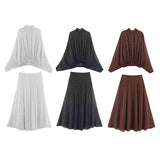 ETJ Women's Polka Dot Blouse Skirt Set 2026 Spring High Neck Batwing Sleeve Sheer Front Tie Bow Midi A-Line Dress Set